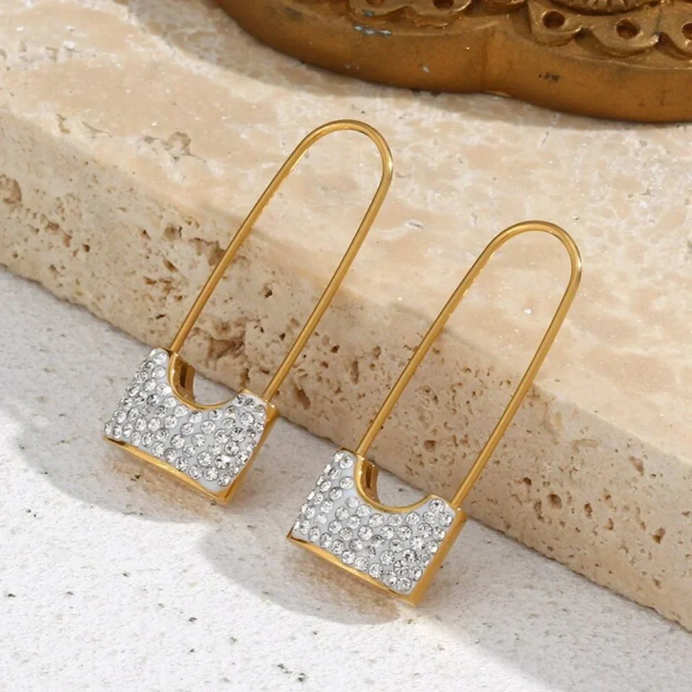 Safety Pin Lock White Zircon Dangle Earrings 18K Gold Plated Stainless - Picture 6 of 9